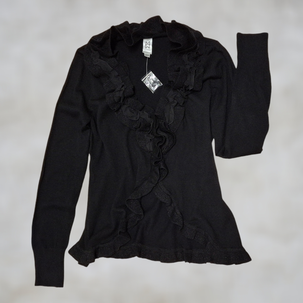 Marc Bouwer Women's Cardigan Black Ruffle Flutter Dark Coquette Whimsical Fairy